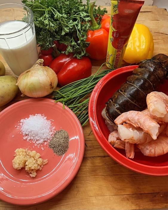 Ingredients for Roasted Red Pepper Bisque with Shrimp and Lobster